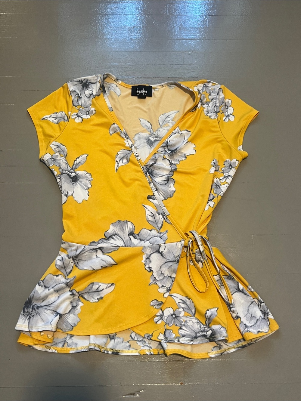 by & by Yellow Floral Wrap Peplum Blouse with Gray-White Blooms